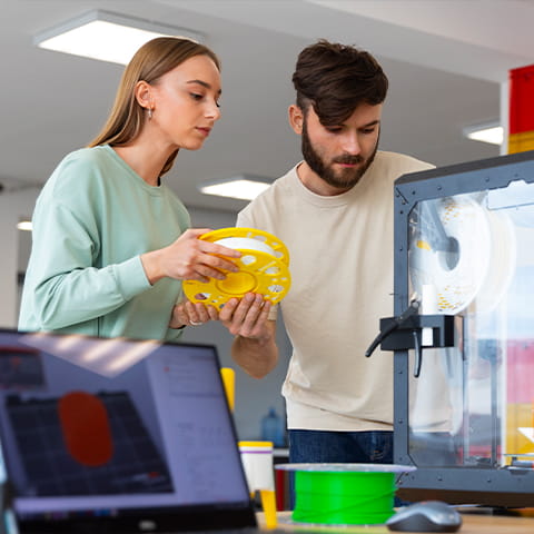 Zwei Personen stehen am 3D-Drucker und schauen auf den Vorgang, dabei halten sie eine Rolle des Druckmaterials in der Hand.