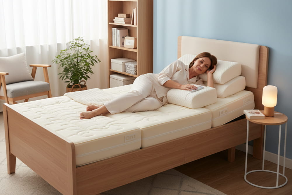 Eine Frau in einem Bett das für die Anti-Dekubitus Versorgung vorgesehen ist.